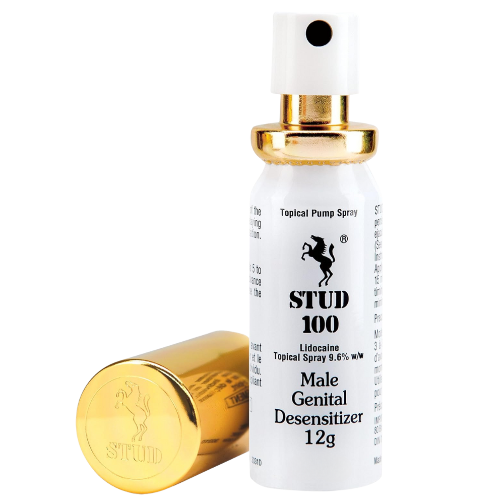 Stud 100 desensitizing spray 12g bottle with cap lifted, numbing spray to delay ejaculation and improve control