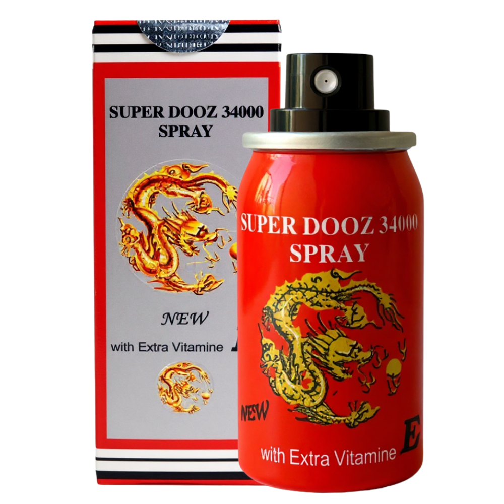 Super Dooz 34000 premature ejaculation delay spray for men – red bottle with retail packaging box and vitamin E