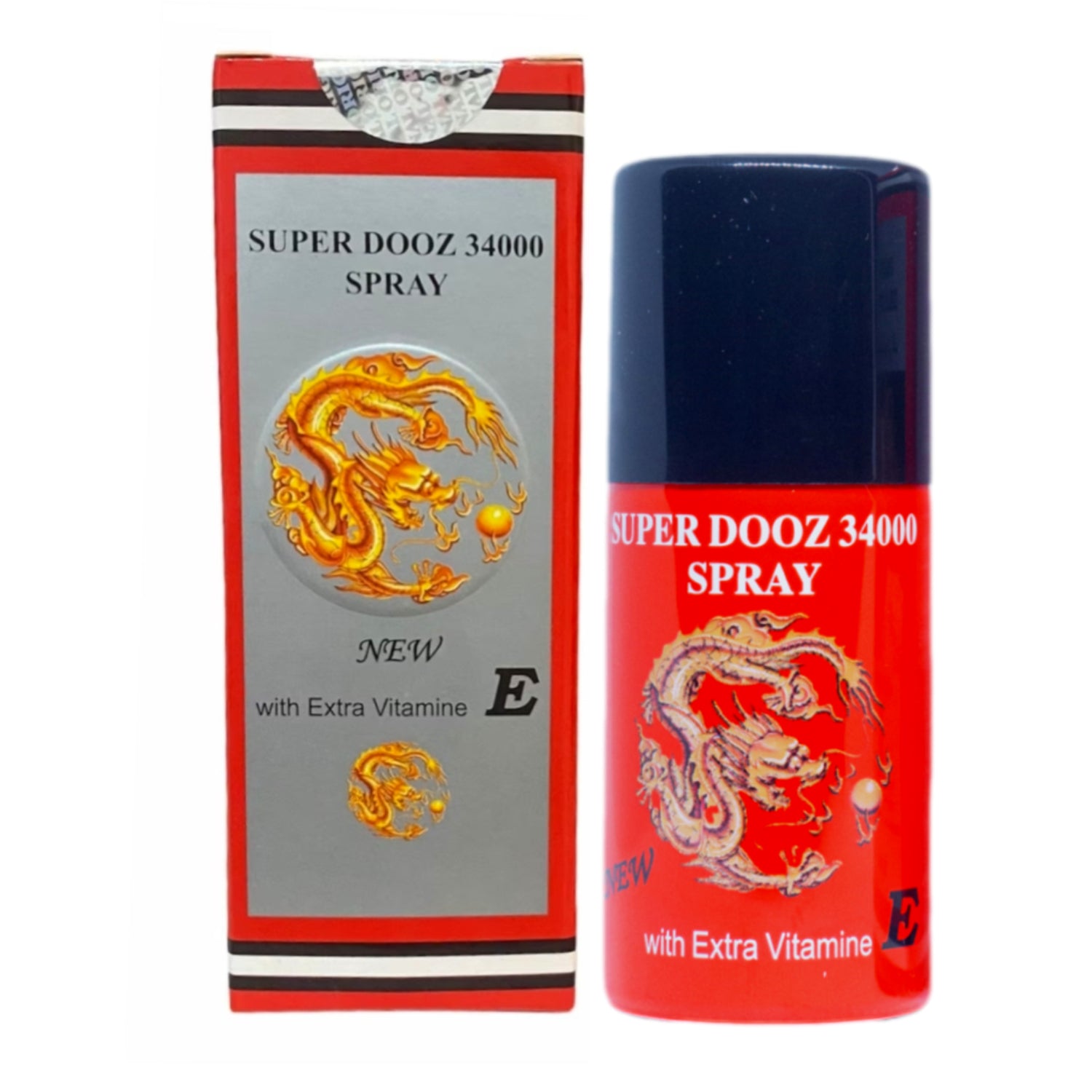 Super Dooz 34000 Delay Spray for Men with Extra Vitamin E, red and silver box and bottle with dragon design