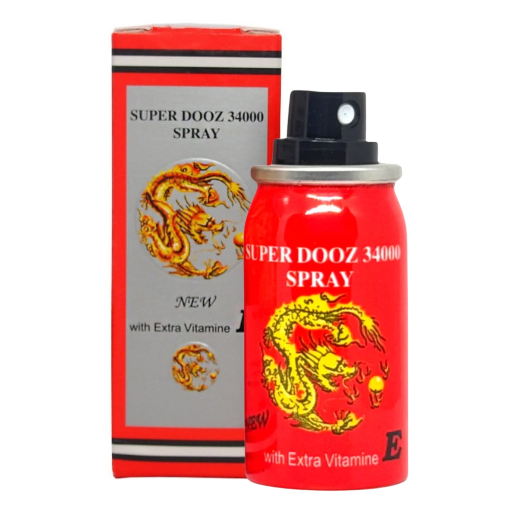 Super Dooz 34000 delay spray can with open nozzle and grey red box featuring golden dragon design