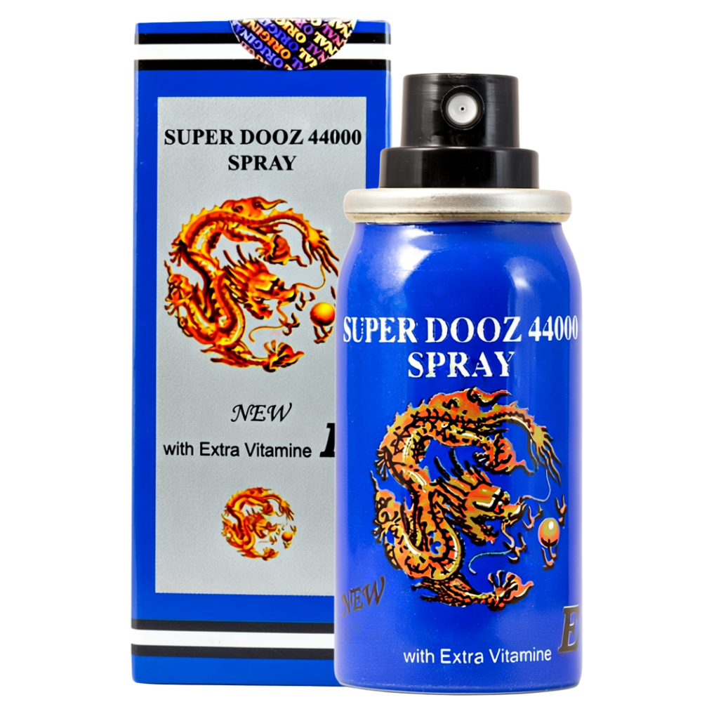 Super Dooz 44000 Delay Spray blue can with packaging box, dragon design, extra vitamin formula, male desensitizing spray