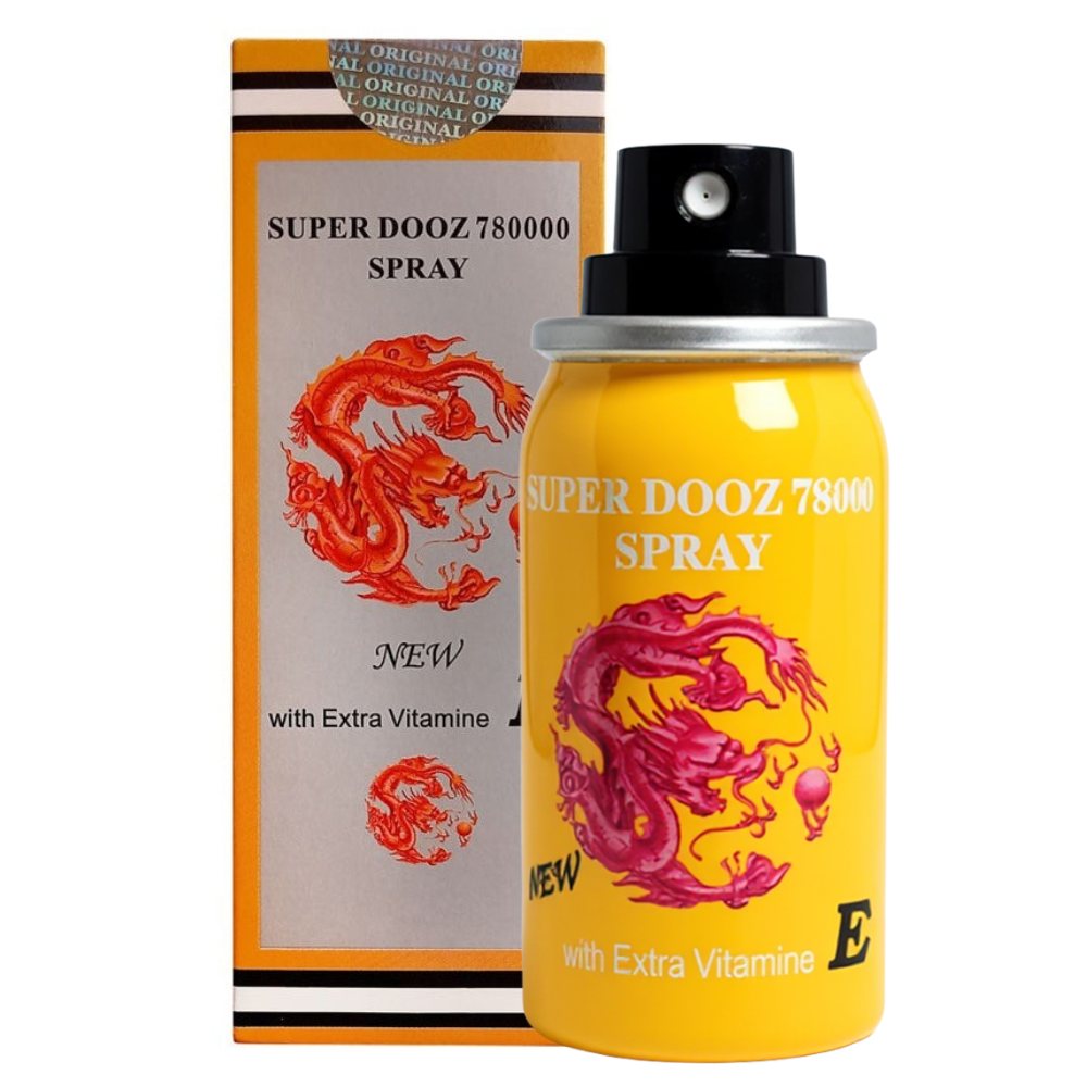 Super Dooz 78000 delay spray for men with extra vitamin E – yellow bottle and box for premature ejaculation control
