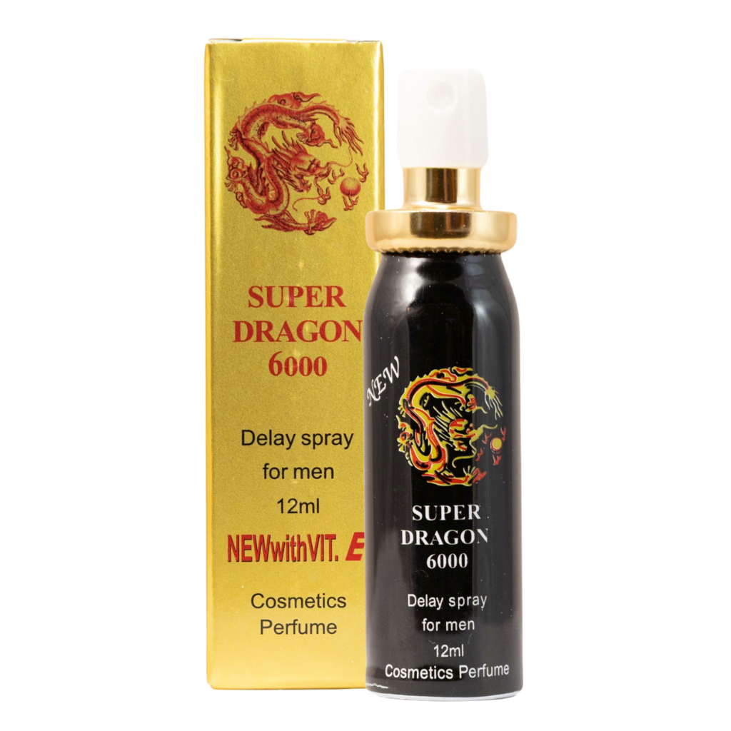 Super Dragon 6000 delay spray 12 ml black bottle with gold spray head beside matching gold box featuring red dragon design