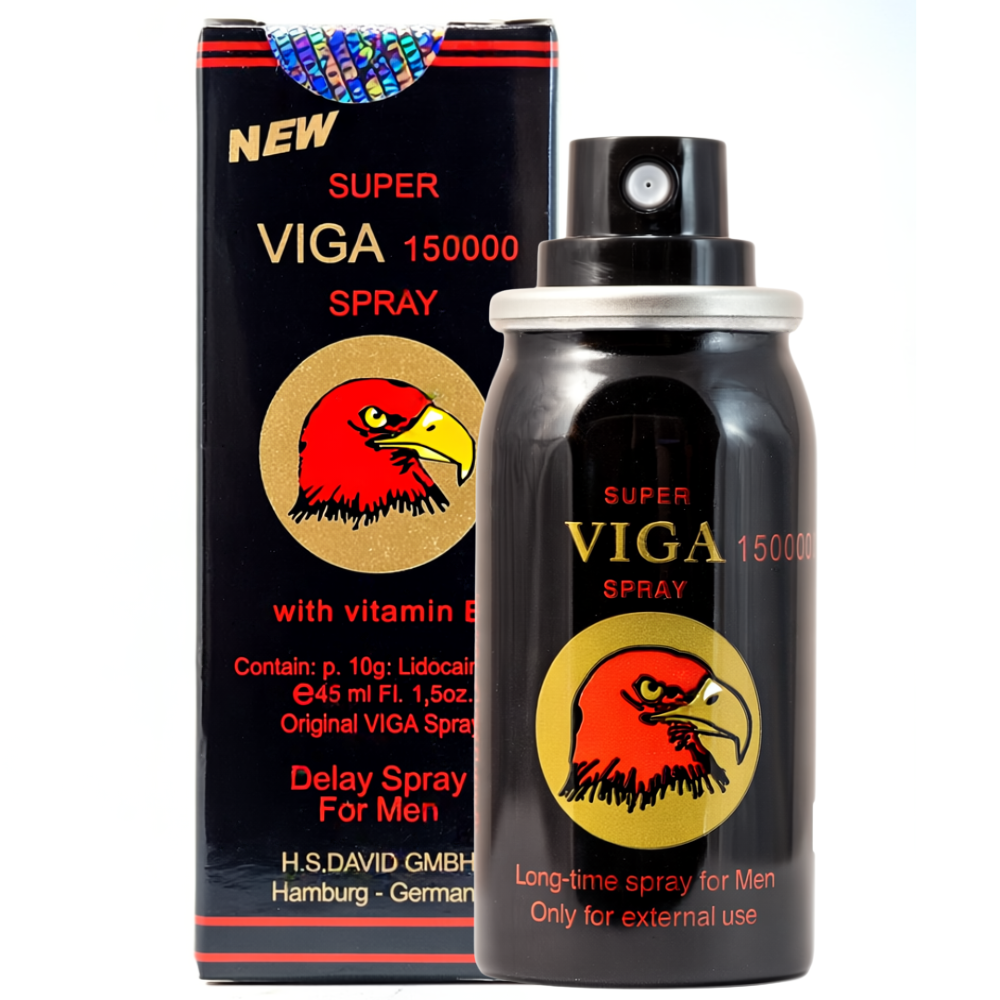 Super Viga 150000 delay spray for men with red eagle logo, black can and packaging, long-time external use spray