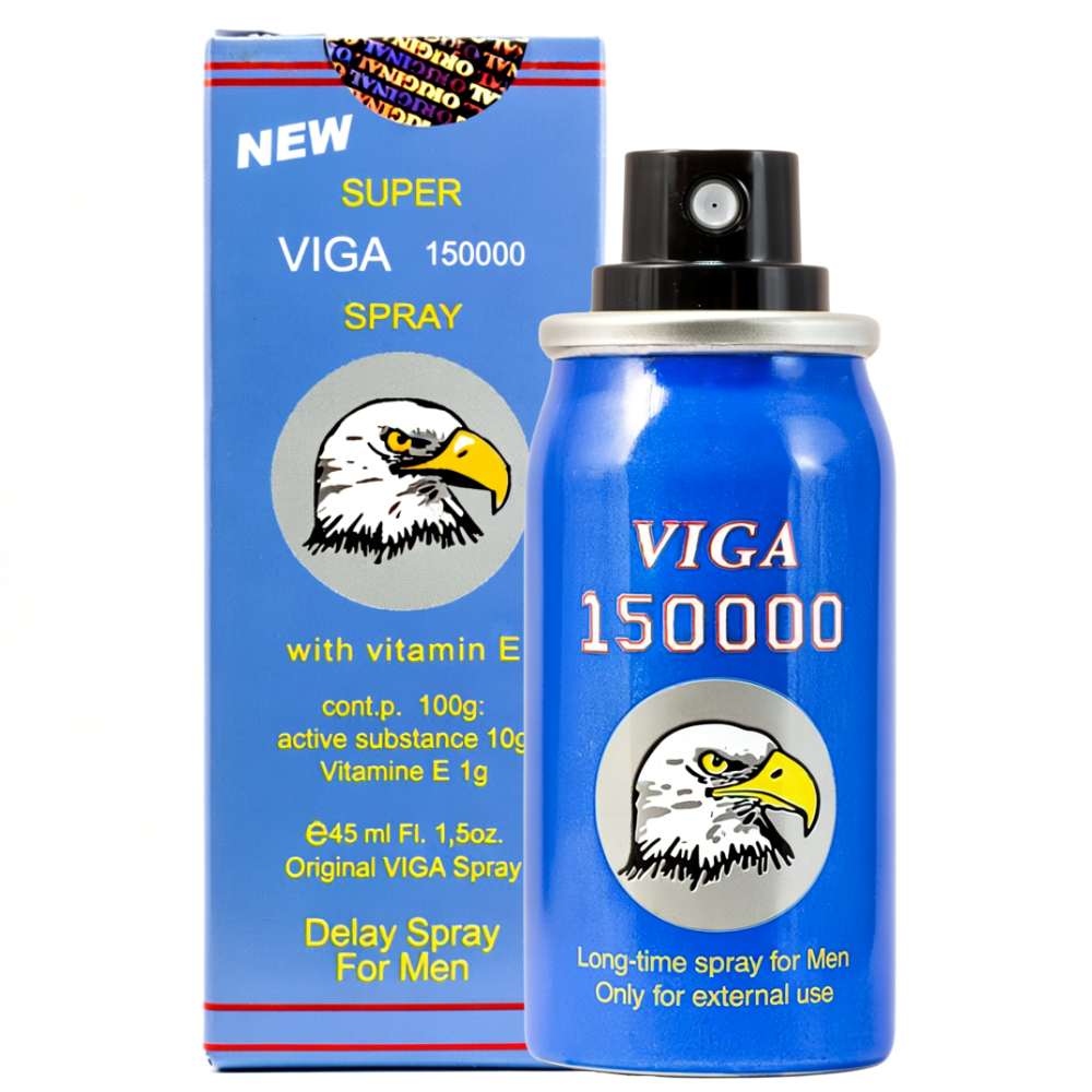 Super Viga 150000 Delay Spray for men with vitamin E, blue bottle and box with eagle logo