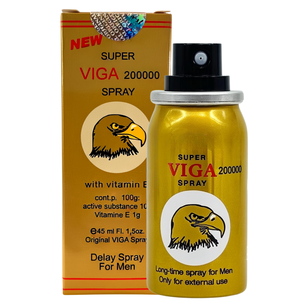 Super Viga 200000 delay spray for men in gold packaging with vitamin E – long-time performance desensitizing spray with box and bottle