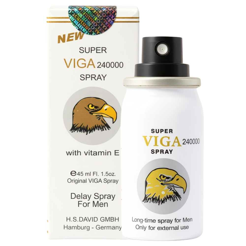 Super Viga 240000 Delay Spray with vitamin E, white packaging featuring eagle logo, 45ml bottle and box for men