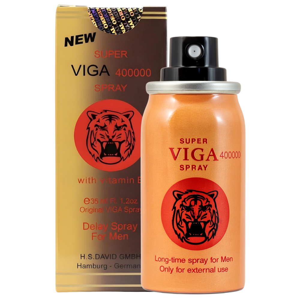 Super Viga 400000 Delay Spray with vitamin E, orange bottle and gold box featuring tiger logo, long-time spray for men