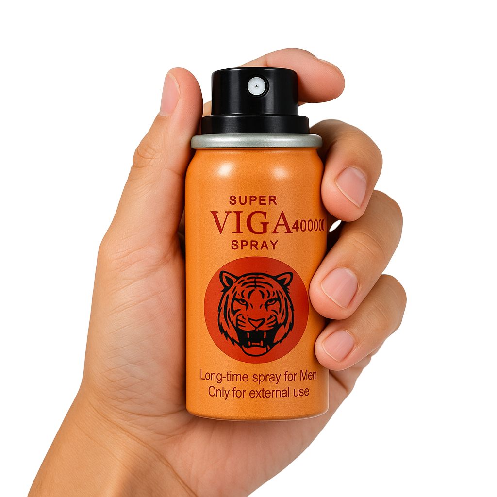 Super Viga 400000 delay spray for men in orange can with tiger label, long-lasting topical use, external only