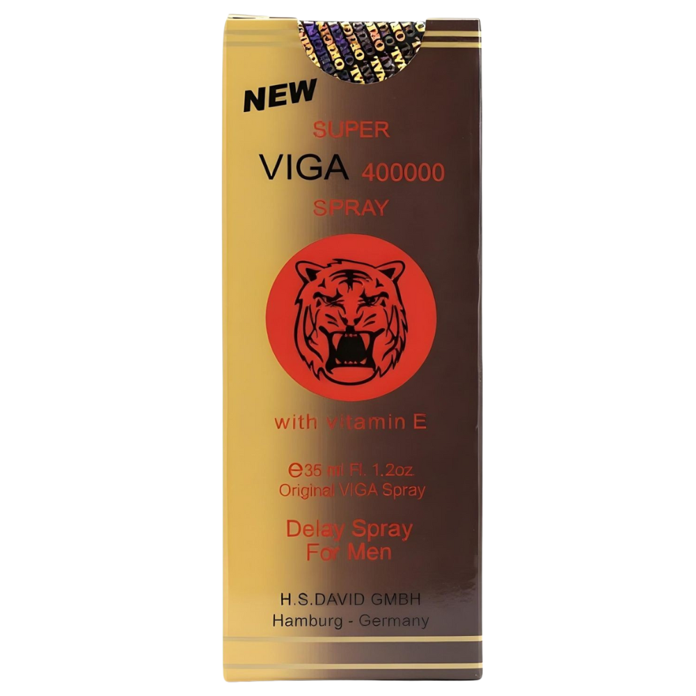 Super Viga 400000 Delay Spray box with vitamin E, gold and brown design featuring tiger logo, made in Germany