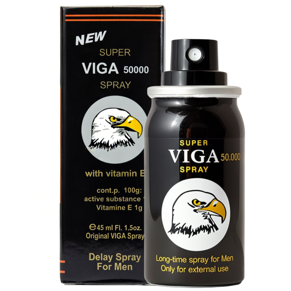 Super Viga 50000 delay spray for men with vitamin E, black bottle with eagle logo and box, spray nozzle open