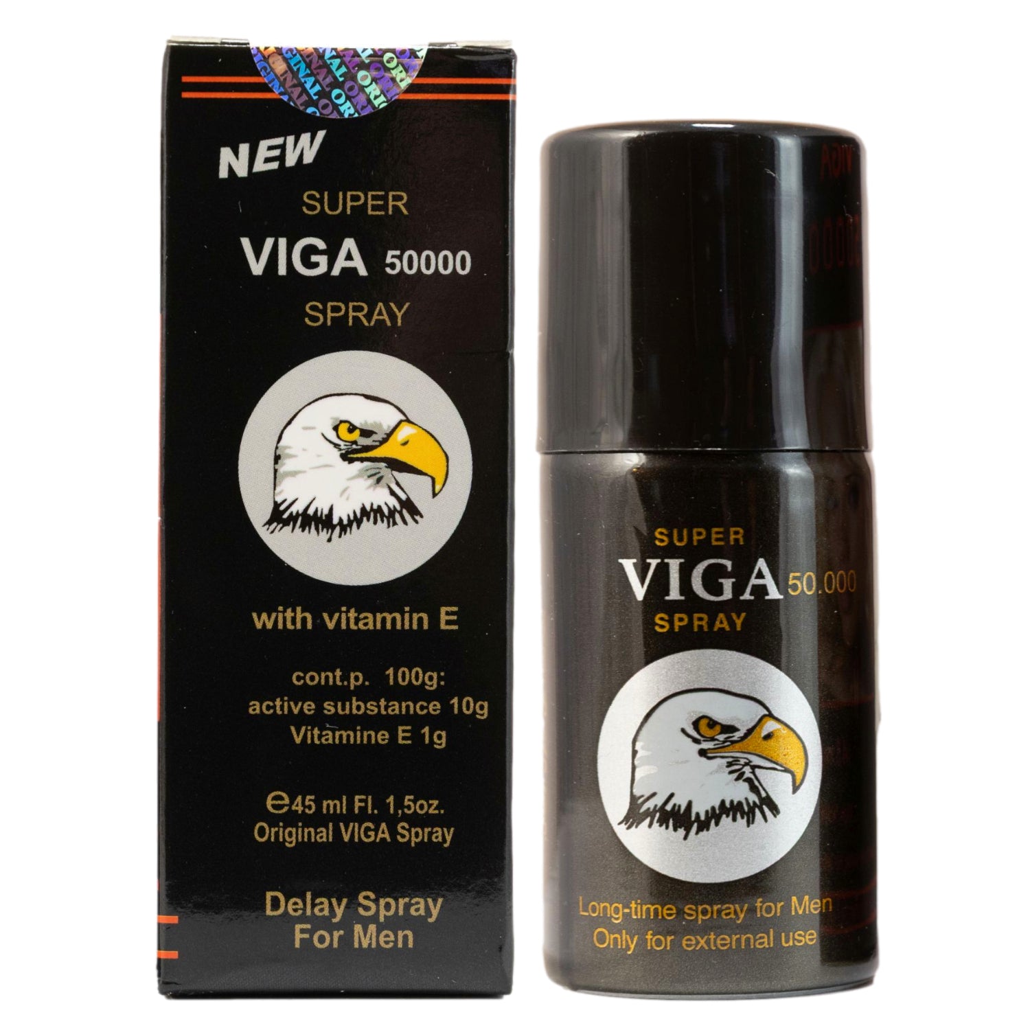 Super Viga 50000 Delay Spray for Men 45ml. Mens Desensitizing Lidocaine Spray to Help Last Longer In Bed. Box and Bottle