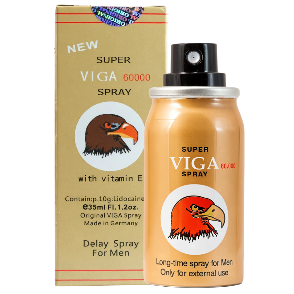 Super Viga 60000 delay spray with vitamin E, gold can and box packaging, men’s long-time spray made in Germany