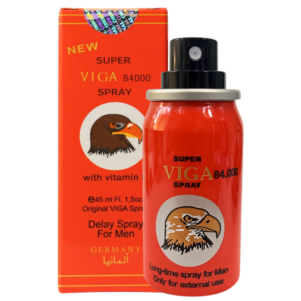 Super Viga 84000 delay spray for men with vitamin E – 45ml red bottle and retail packaging box from Germany