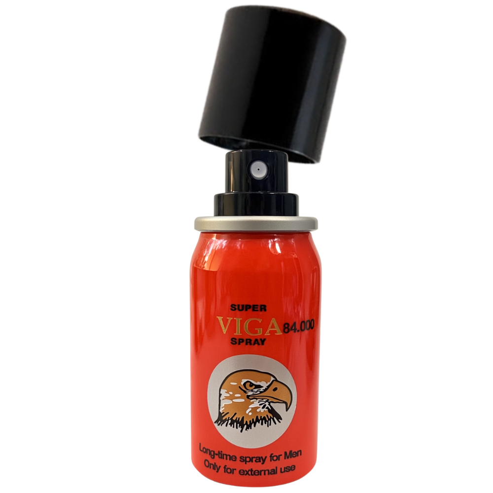 Super Viga 84000 delay spray for men – 45ml red bottle with cap removed, long-time spray with vitamin E