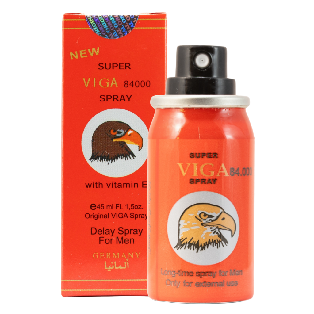 Super Viga 84000 delay spray red can with open nozzle beside matching red box featuring eagle logo and Vitamin E label