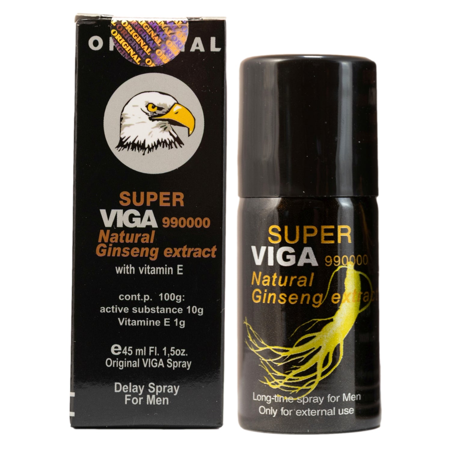 Super Viga 990000 Delay Spray for Men 45ml. Mens Desensitizing Lidocaine Spray to Help Last Longer In Bed. Box and Bottle