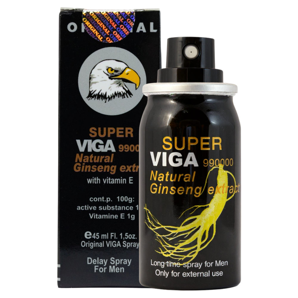 Super Viga 990000 Delay Spray with natural ginseng extract and vitamin E, black packaging with eagle logo and matching spray bottle for men