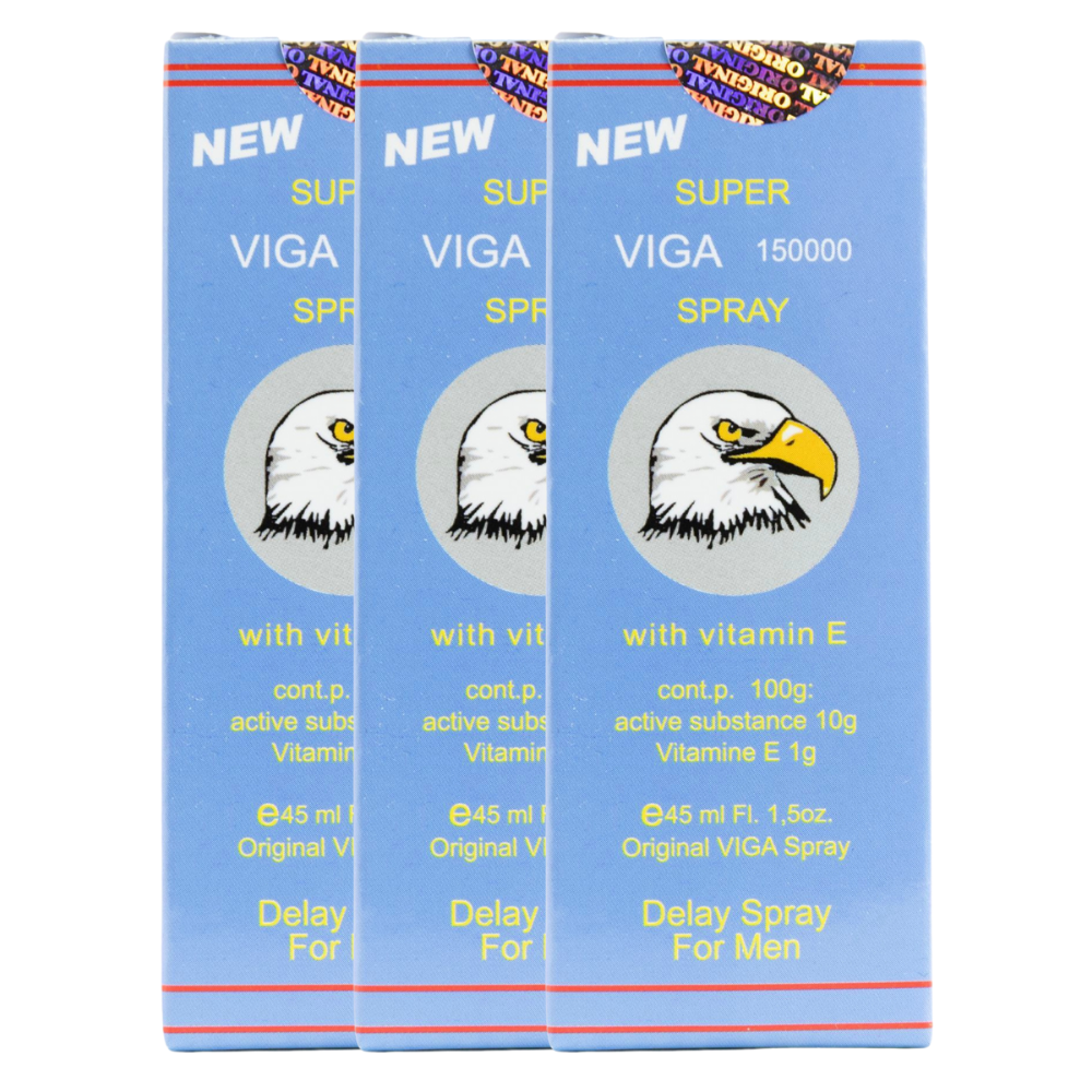 Three boxes of Super Viga 150000 delay spray with Vitamin E, shown front-facing on white background.