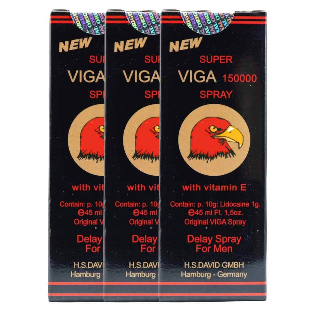Three boxes of Super Viga 150000 delay spray with red eagle logo and Vitamin E, front-facing on white background.