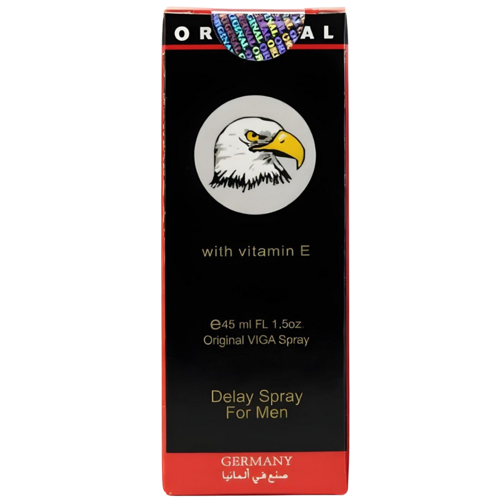 Super Viga Delay Spray packaging box, black and red design with eagle logo, vitamin E label, 45ml size, made in Germany, delay spray for men