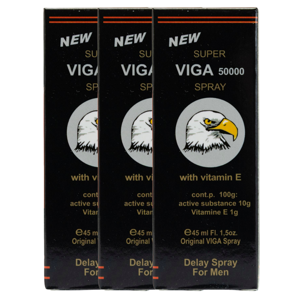 Three boxes of Super Viga 50000 delay spray with vitamin E, black packaging and eagle logo displayed on white background.