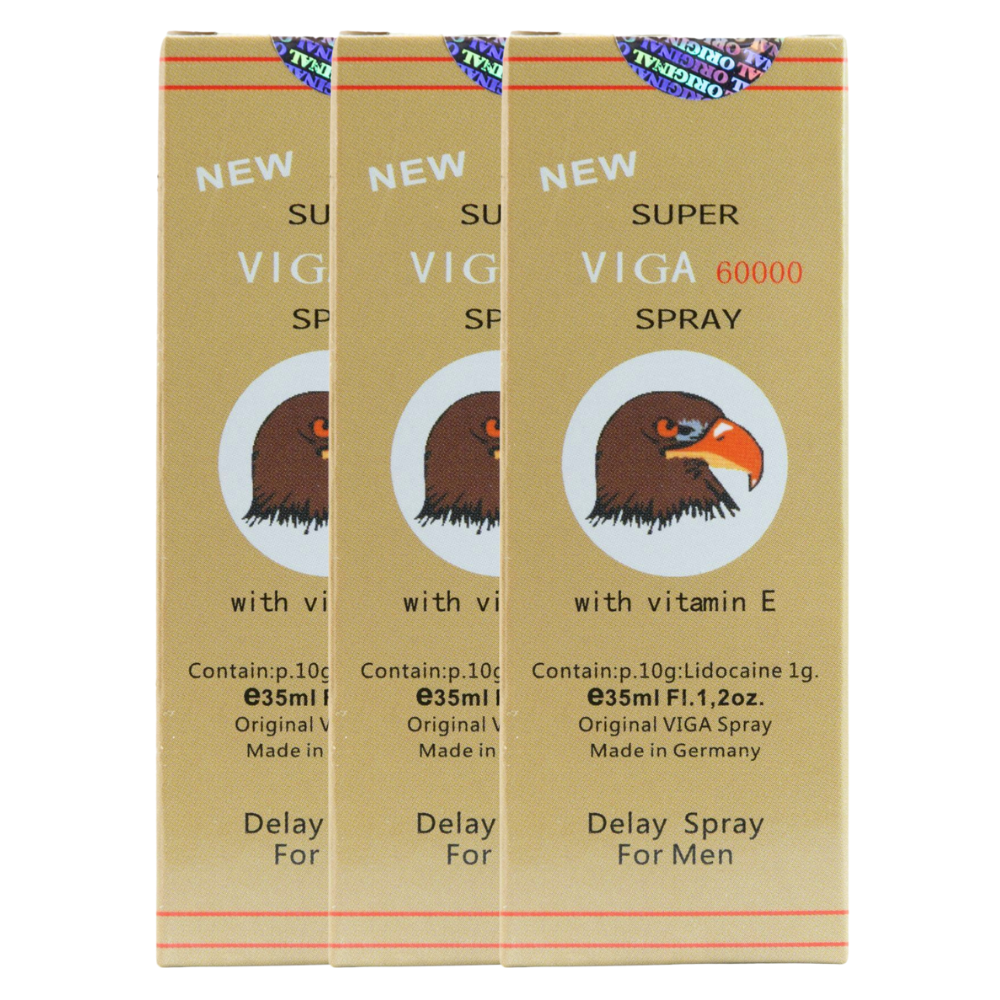 Three boxes of Super Viga 60000 delay spray with vitamin E, featuring brown eagle logo and tan packaging on white background.