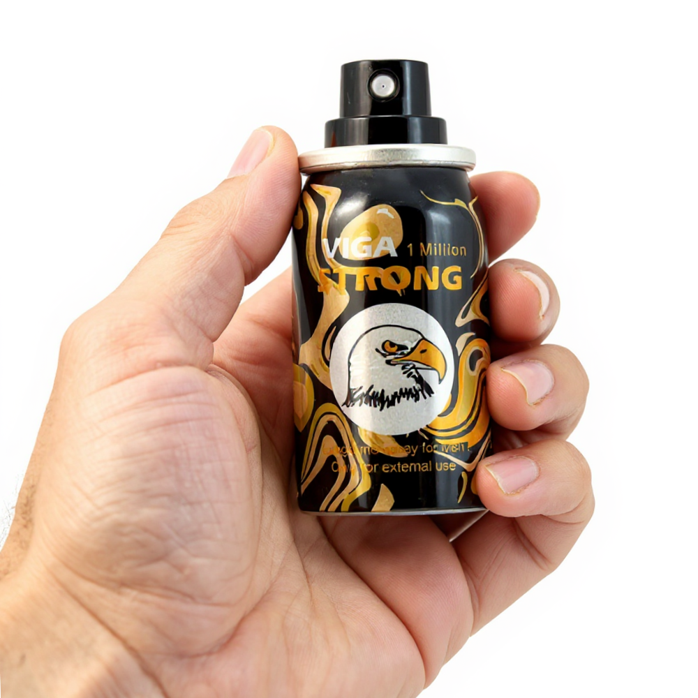 Viga 1 Million Strong Delay Spray, black and gold 45ml can held in hand