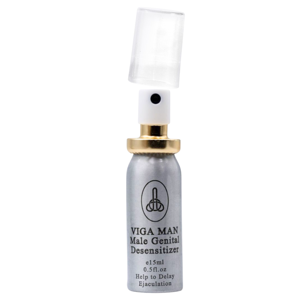 Viga Man desensitizing delay spray for men - 15ml bottle with cap removed, male genital desensitizer