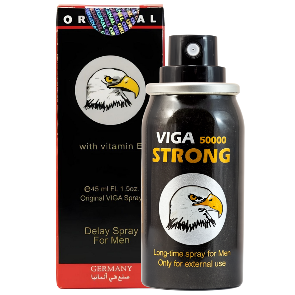 Viga Strong 50000 Delay Spray bottle with eagle logo shown beside packaging box, black design with bold gold and white text